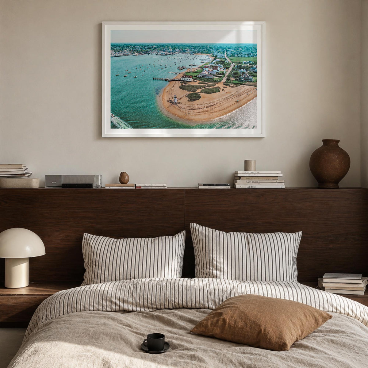Nantucket colorful photo poster of Massachusetts, USA – horizontal wall art in white wood frame with white border, hanging on