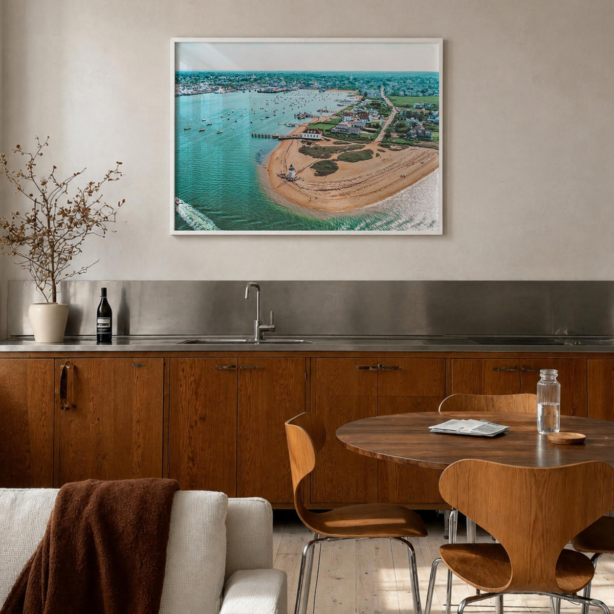 Nantucket colorful photo poster of Massachusetts, USA – horizontal wall art in white wood frame, hanging on wall