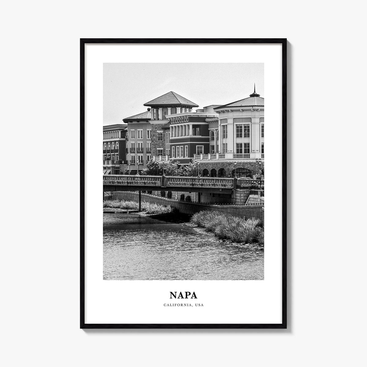 Napa black & white classic poster of California, USA – vertical wall art, unframed print shown in interior mockup