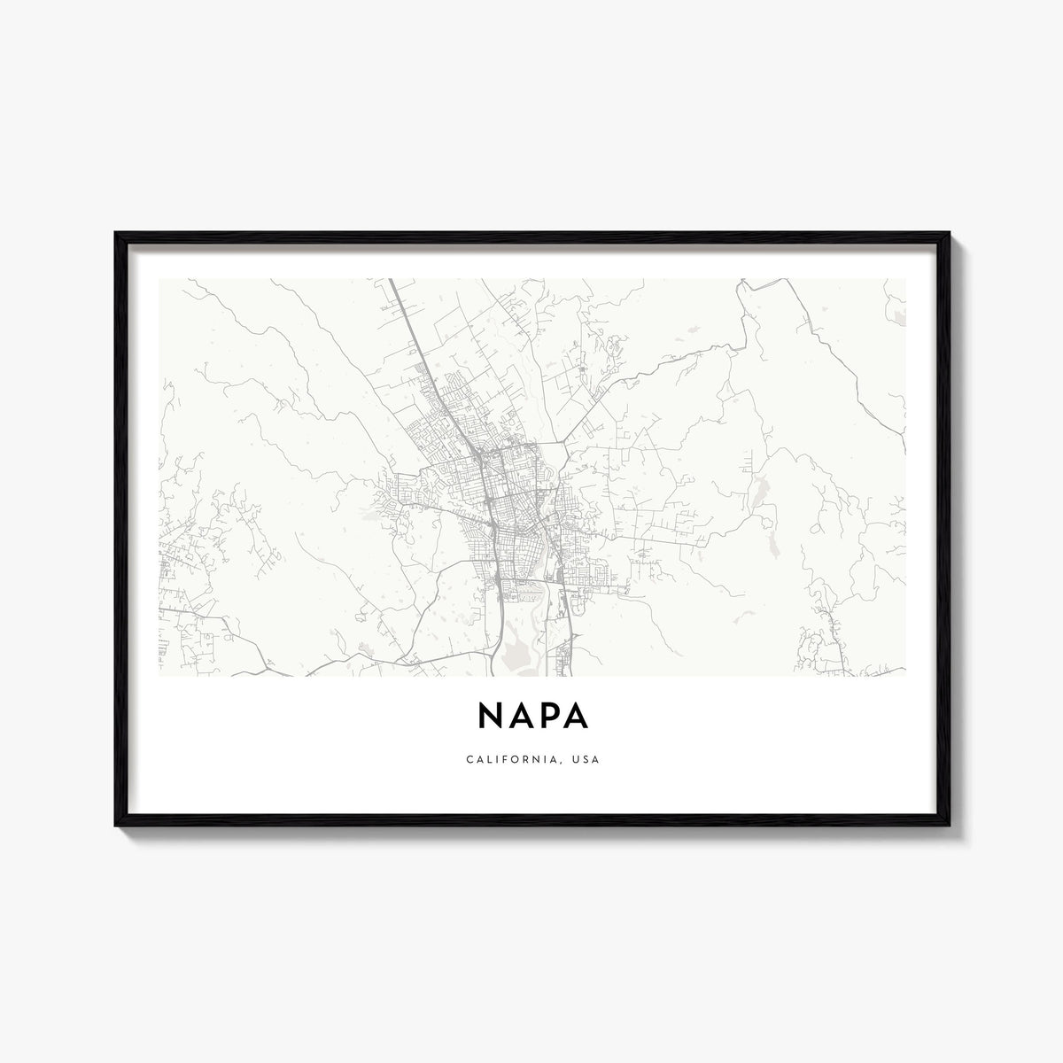 Napa black & white map poster of California, USA – horizontal wall art, unframed print shown in interior mockup