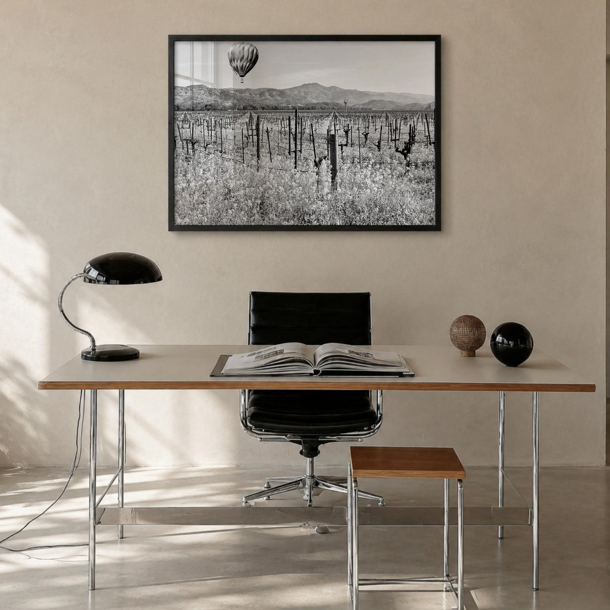 Napa Valley black & white photo poster of California, USA – horizontal wall art in black wood frame, hanging on wall