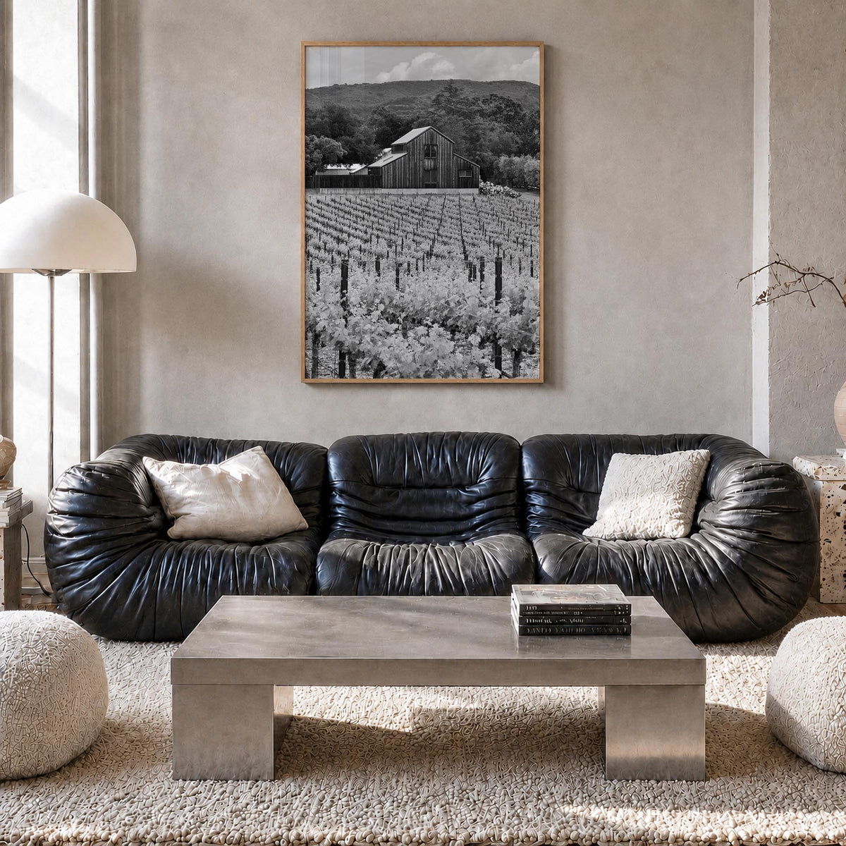 Napa Valley black & white photo poster of California, USA – vertical wall art in natural wood frame, hanging on wall