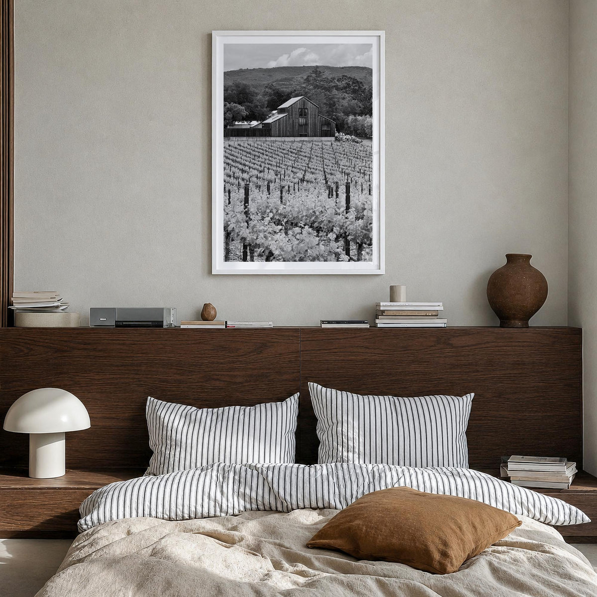 Napa Valley black & white photo poster of California, USA – vertical wall art in white wood frame with white border, hanging