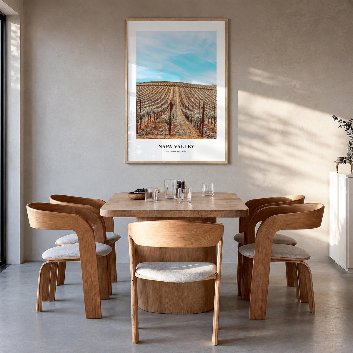 Napa Valley colorful classic poster of California, USA – vertical wall art in natural wood frame, hanging on wall