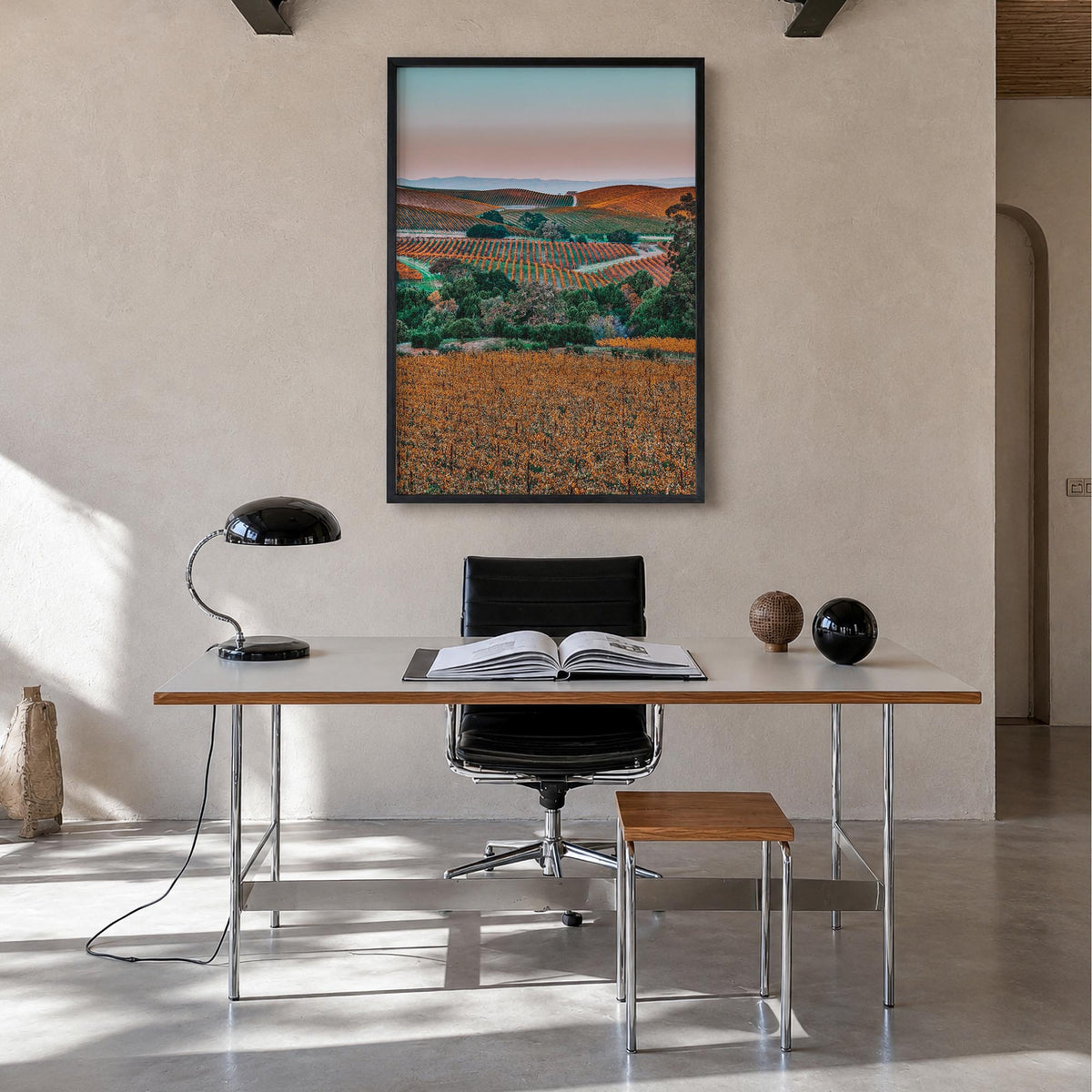 Napa Valley no. 2 colorful photo poster of California, USA – vertical wall art in black wood frame, hanging on wall