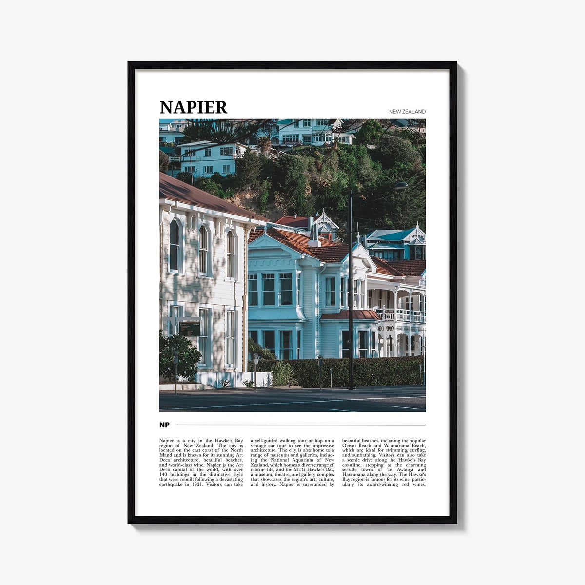 Napier colorful travel poster of New Zealand – vertical wall art, unframed print shown in interior mockup