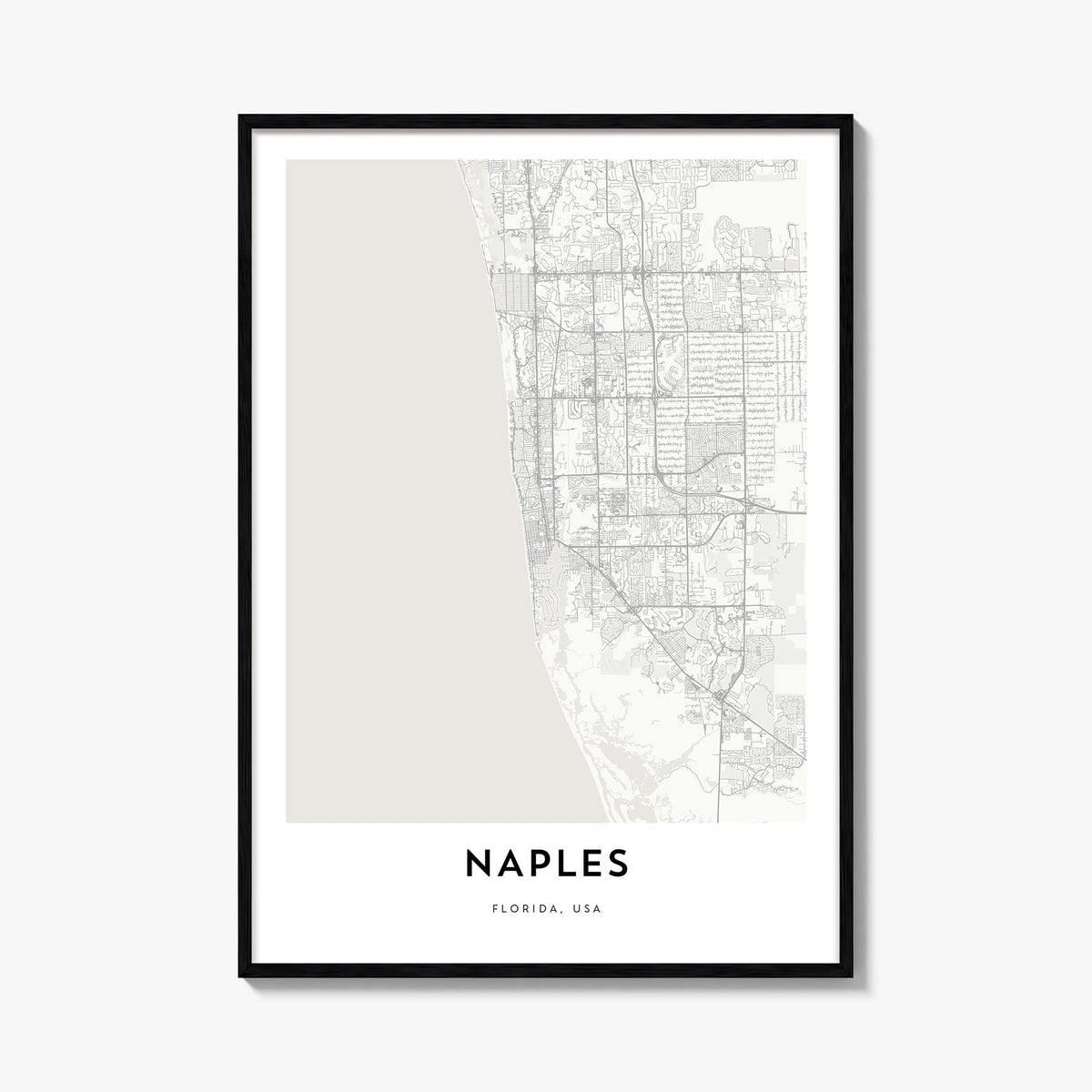 Naples, Florida black & white map poster of Florida, USA – vertical wall art, unframed print shown in interior mockup