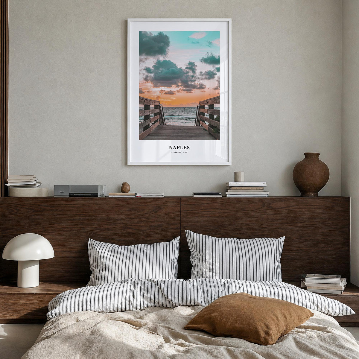 Naples, Florida no. 1 colorful classic poster of Florida, USA – vertical wall art in white wood frame, hanging on wall