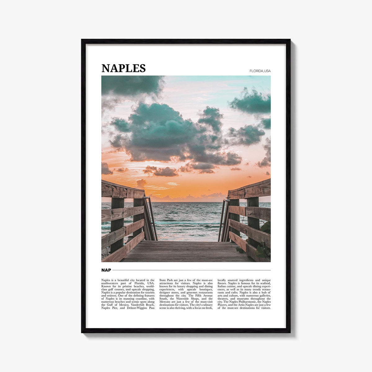 Naples, Florida no. 1 colorful travel poster of Florida, USA – vertical wall art, unframed print shown in interior mockup