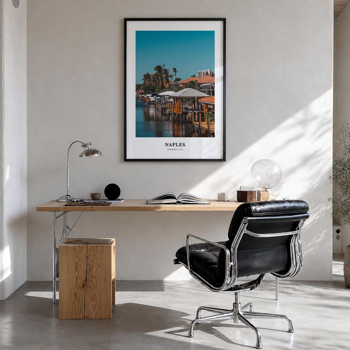 Naples, Florida no. 2 colorful classic poster of Florida, USA – vertical wall art in black wood frame, hanging on wall