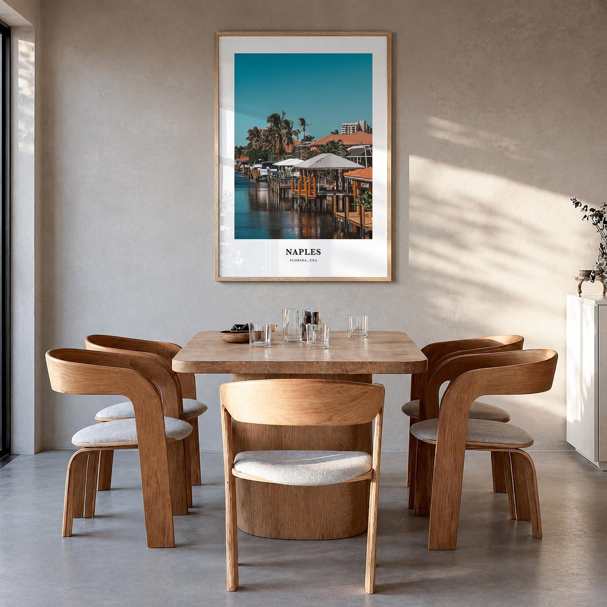 Naples, Florida no. 2 colorful classic poster of Florida, USA – vertical wall art in natural wood frame, hanging on wall