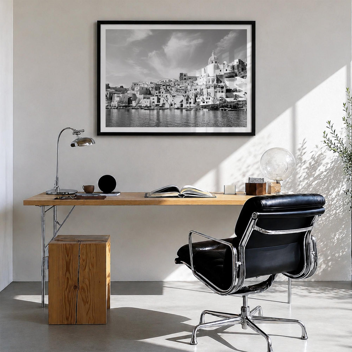 Naples, Italy black & white photo poster of Italy – horizontal wall art in black wood frame with white border, hanging on wal