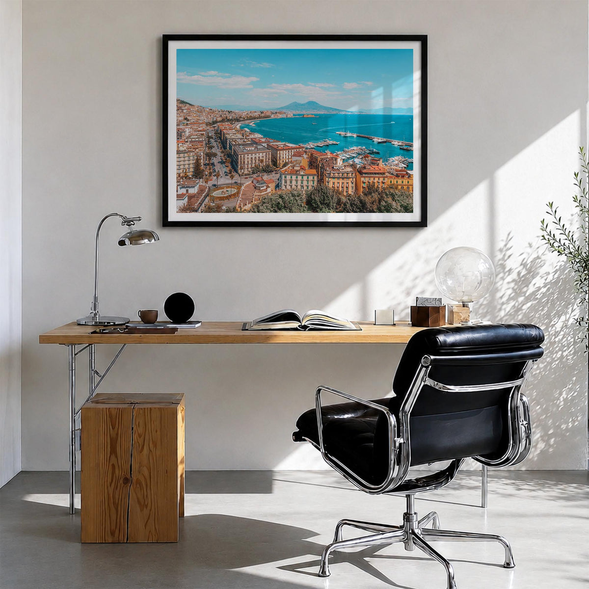 Naples, Italy colorful photo poster of Italy – horizontal wall art in black wood frame with white border, hanging on wall