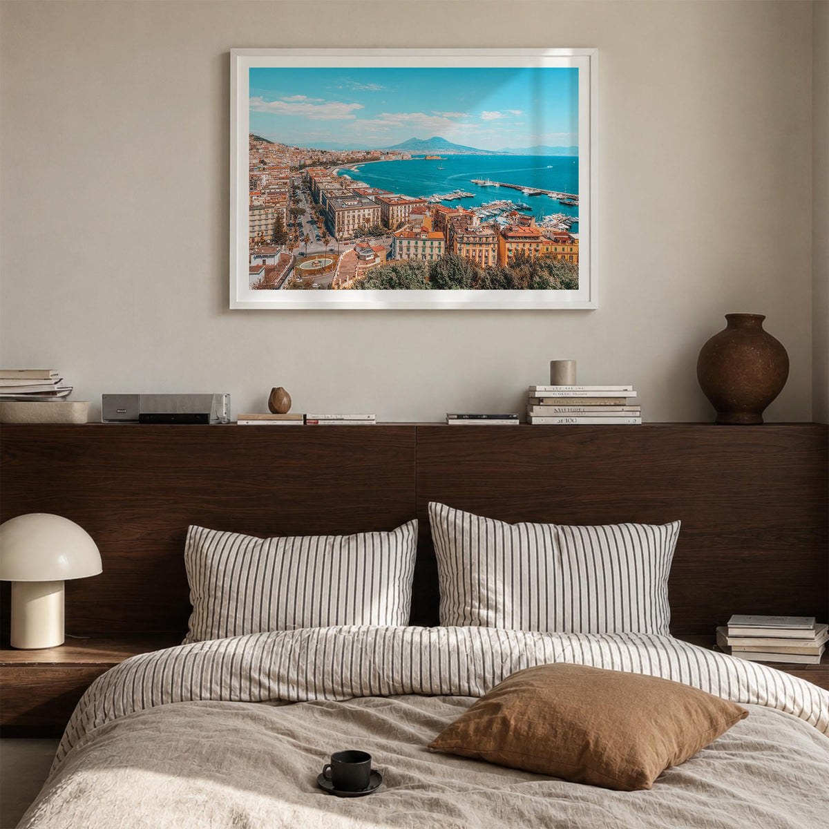 Naples, Italy colorful photo poster of Italy – horizontal wall art in white wood frame with white border, hanging on wall