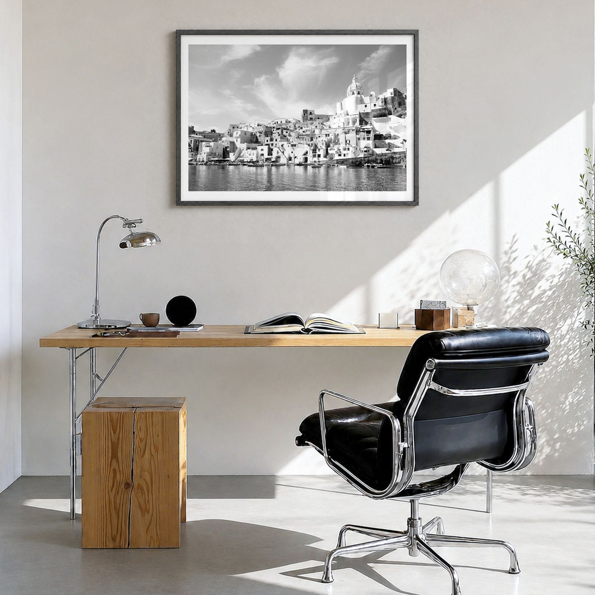 Naples, Italy Photo Poster in a black wood frame, hanging in a bright home office, white border