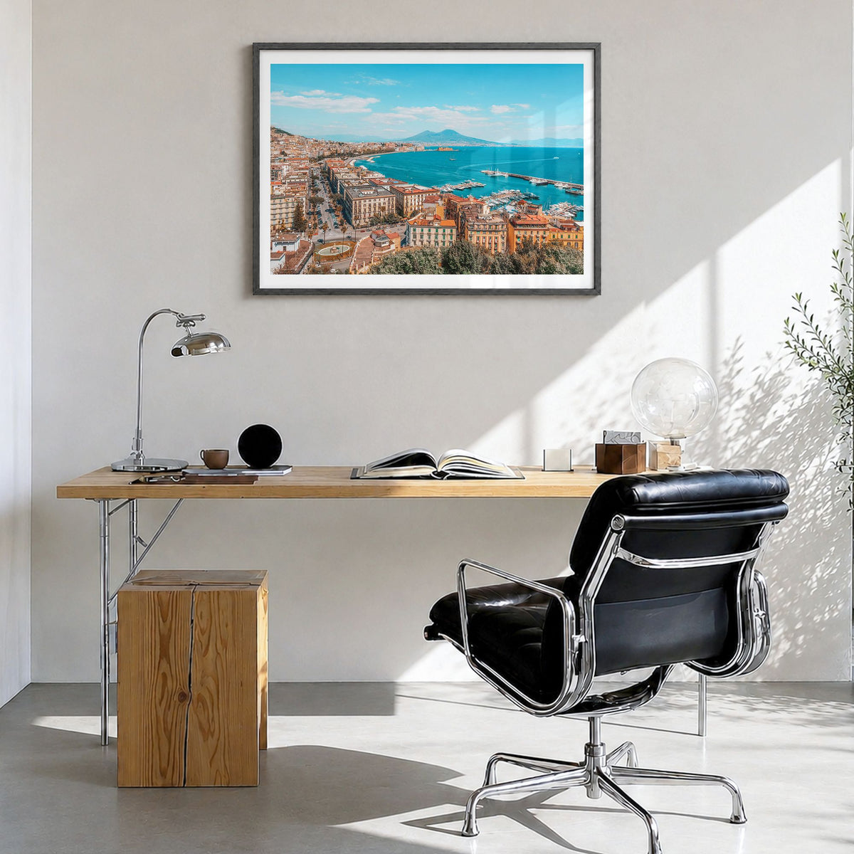 Naples, Italy Photo Poster in a black wood frame, hanging in a bright home office, white border