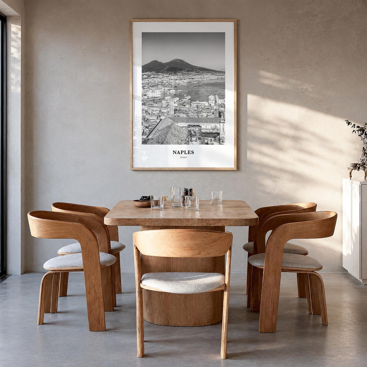 Naples, Italy no. 1 black & white classic poster of Italy – vertical wall art in natural wood frame, hanging on wall