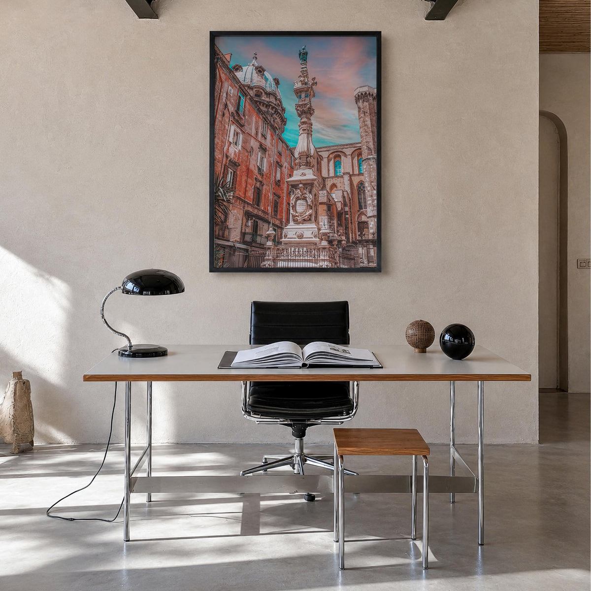 Naples, Italy no. 1 colorful photo poster of Italy – vertical wall art in black wood frame, hanging on wall