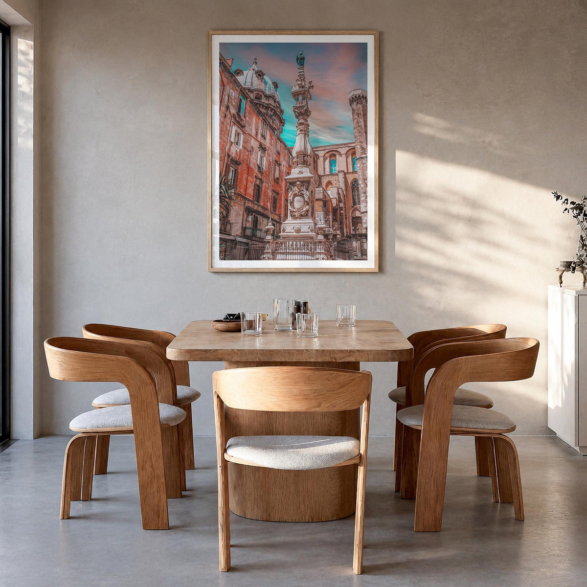 Naples, Italy no. 1 colorful photo poster of Italy – vertical wall art in natural wood frame with white border, hanging on wa