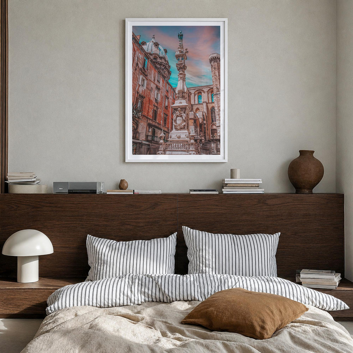 Naples, Italy no. 1 colorful photo poster of Italy – vertical wall art in white wood frame with white border, hanging on wall