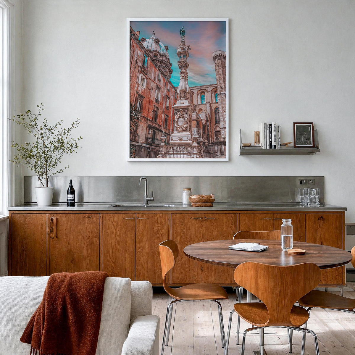 Naples, Italy no. 1 colorful photo poster of Italy – vertical wall art in white wood frame, hanging on wall
