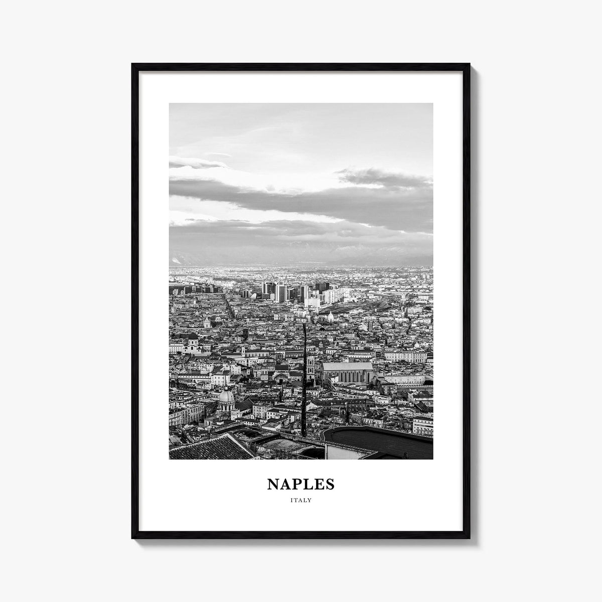 Naples, Italy no. 2 black & white classic poster of Italy – vertical wall art, unframed print shown in interior mockup