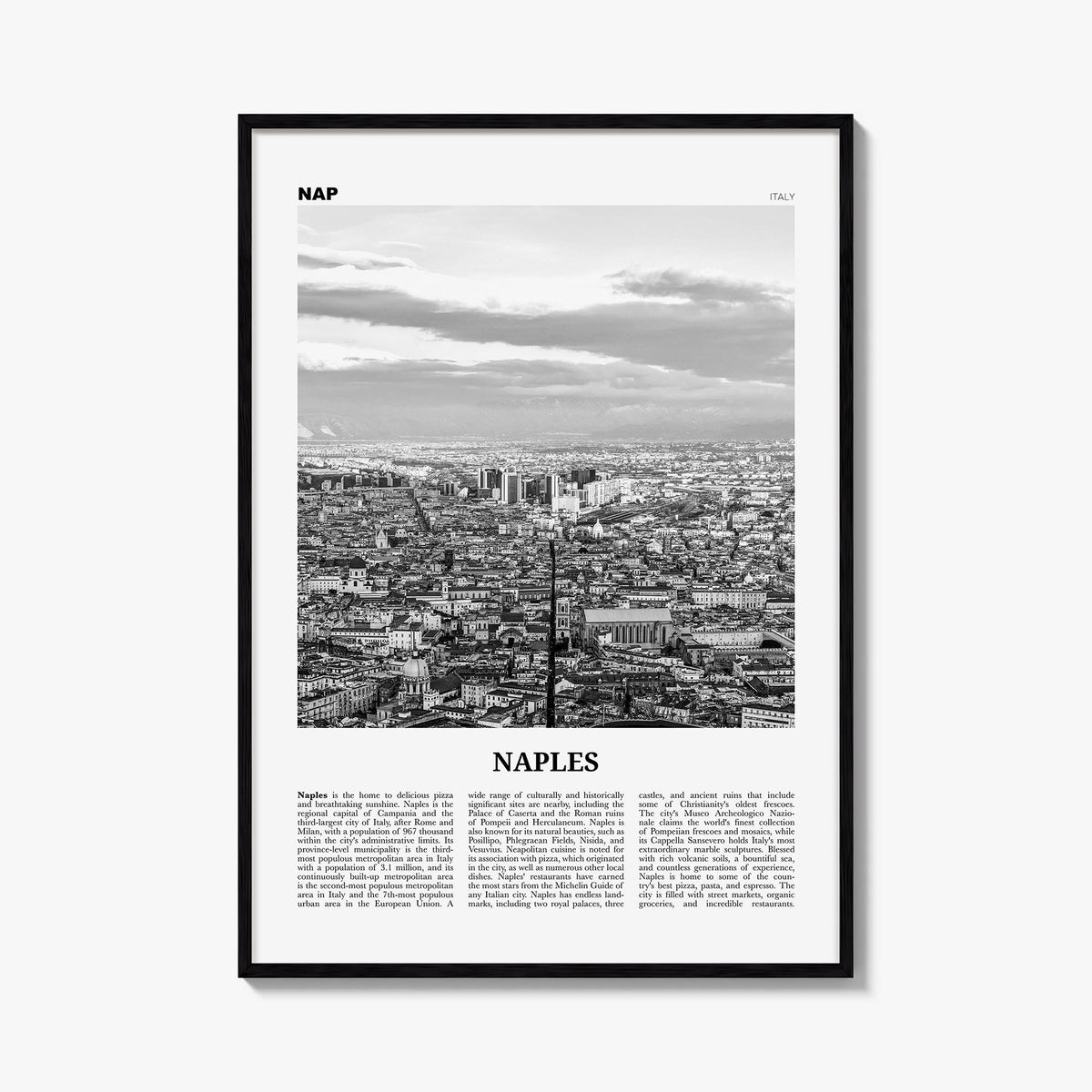 Naples, Italy no. 2 black & white newspaper poster of Italy – vertical wall art, unframed print shown in interior mockup