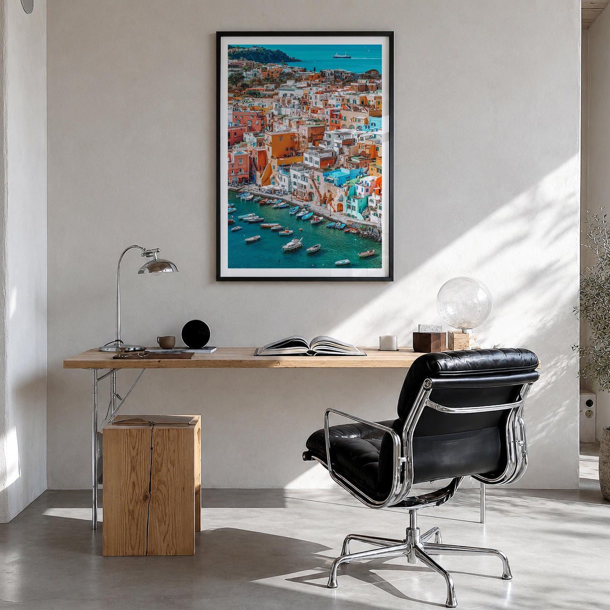 Naples, Italy no. 2 colorful photo poster of Italy – vertical wall art in black wood frame with white border, hanging on wall