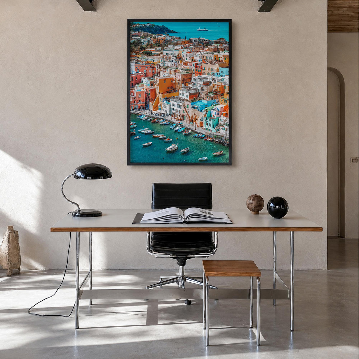 Naples, Italy no. 2 colorful photo poster of Italy – vertical wall art in black wood frame, hanging on wall
