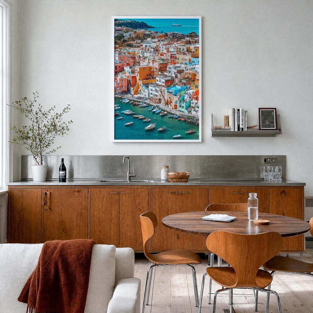 Naples, Italy no. 2 colorful photo poster of Italy – vertical wall art in white wood frame, hanging on wall
