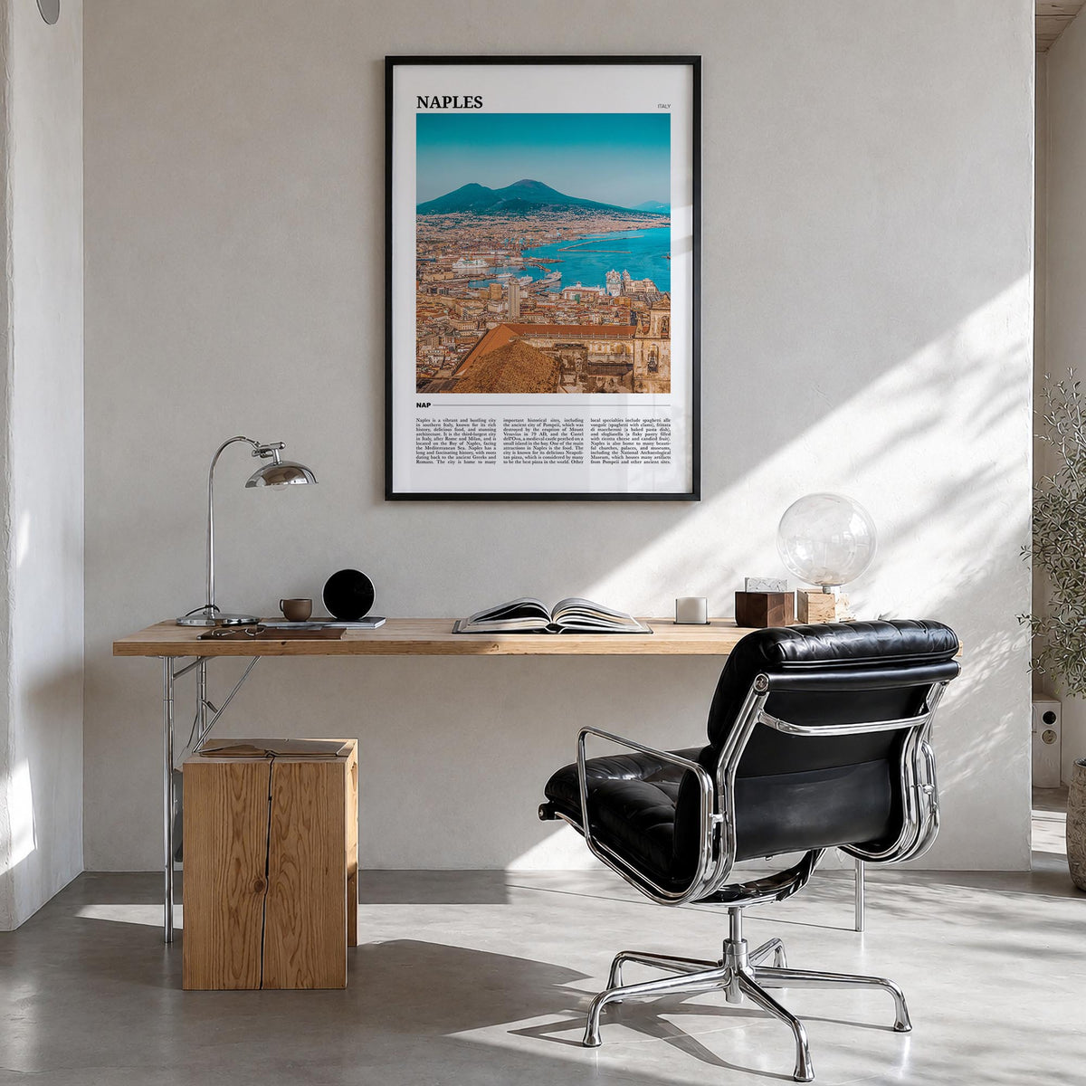 Naples, Italy no. 2 colorful travel poster of Italy – vertical wall art in black wood frame, hanging on wall
