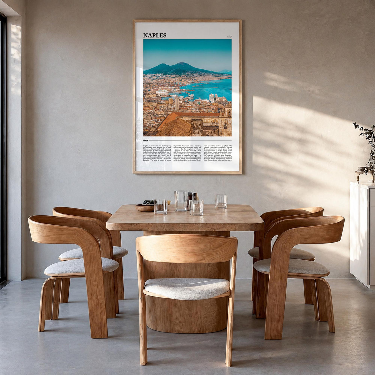 Naples, Italy no. 2 colorful travel poster of Italy – vertical wall art in natural wood frame, hanging on wall