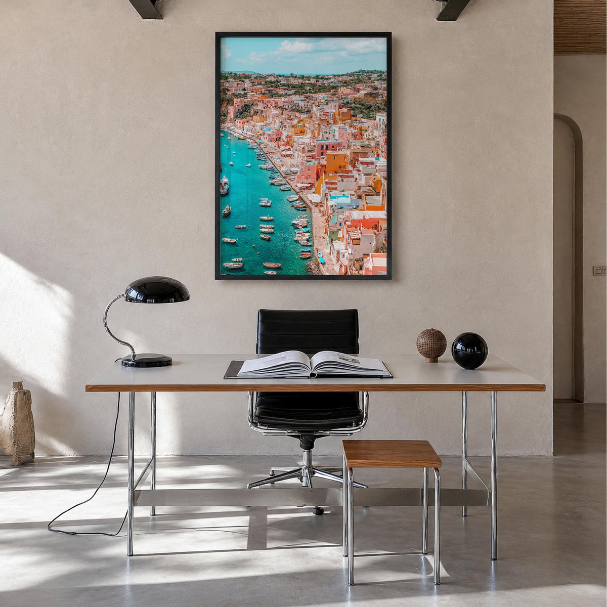 Naples, Italy no. 3 colorful photo poster of Italy – vertical wall art in black wood frame, hanging on wall