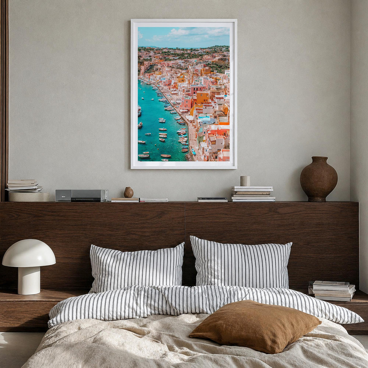 Naples, Italy no. 3 colorful photo poster of Italy – vertical wall art in white wood frame with white border, hanging on wall