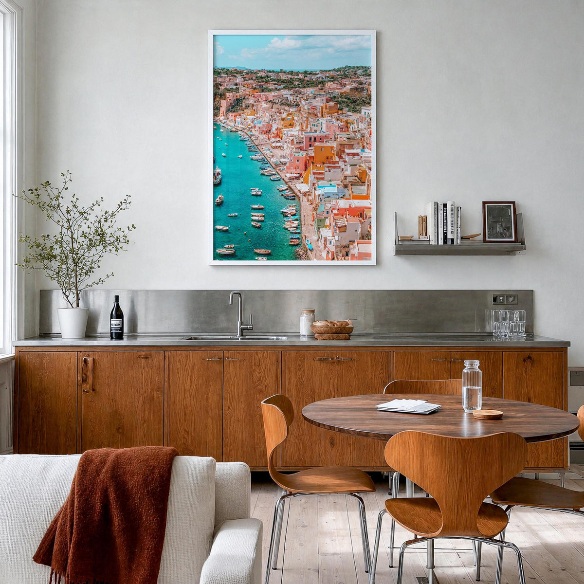 Naples, Italy no. 3 colorful photo poster of Italy – vertical wall art in white wood frame, hanging on wall