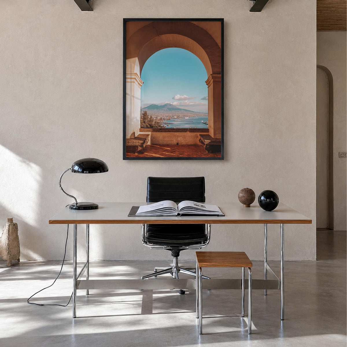 Naples, Italy no. 4 colorful photo poster of Italy – vertical wall art in black wood frame, hanging on wall