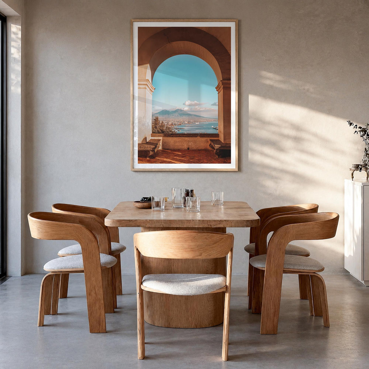 Naples, Italy no. 4 colorful photo poster of Italy – vertical wall art in natural wood frame with white border, hanging on wa