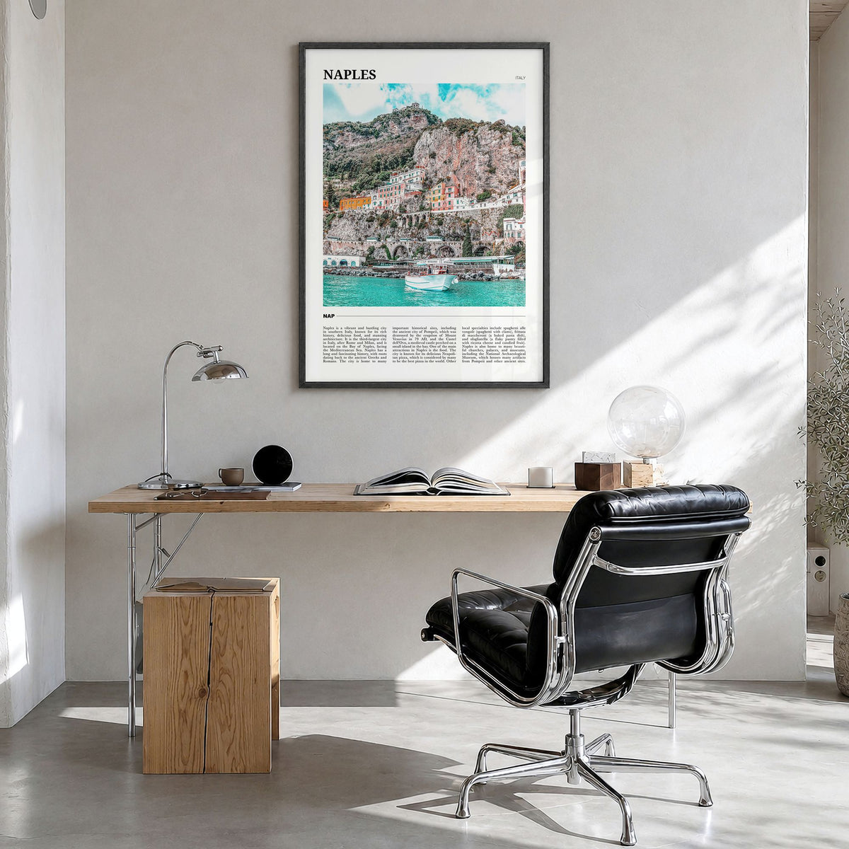 Naples, Italy Travel No 1 Poster in a black wood frame, hanging in a bright home office