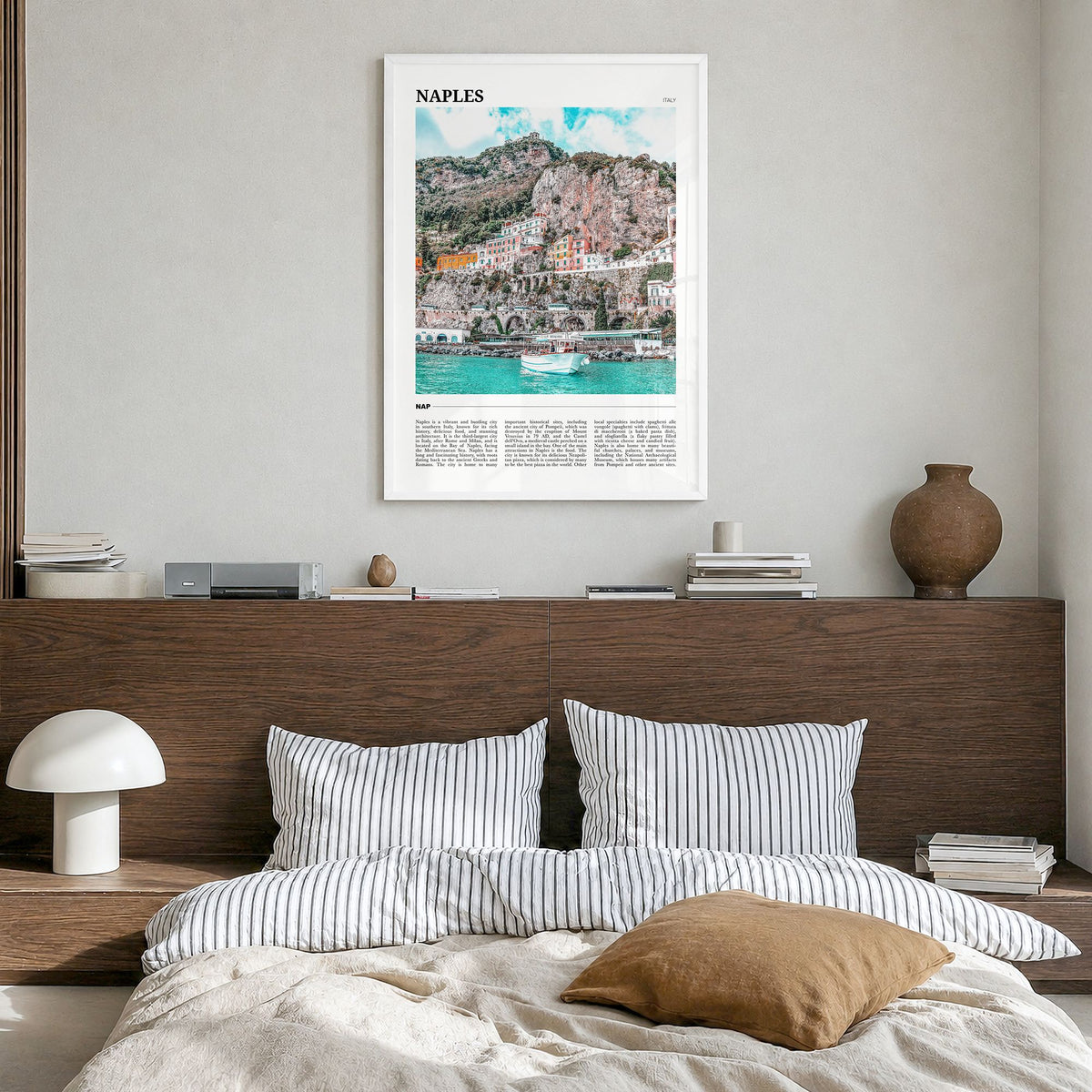 Naples, Italy Travel No 1 Poster in a white wood frame, hanging in a bedroom