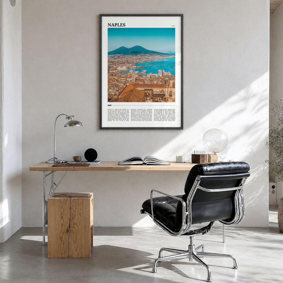 Naples, Italy Travel No 2 Poster in a black wood frame, hanging in a bright home office