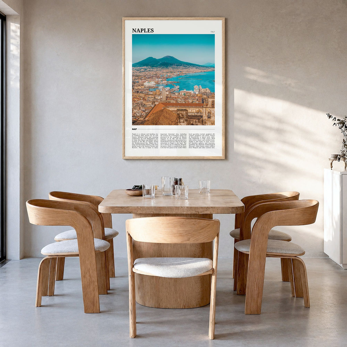 Naples, Italy Travel No 2 Poster in a natural wood frame, hanging in a dining room