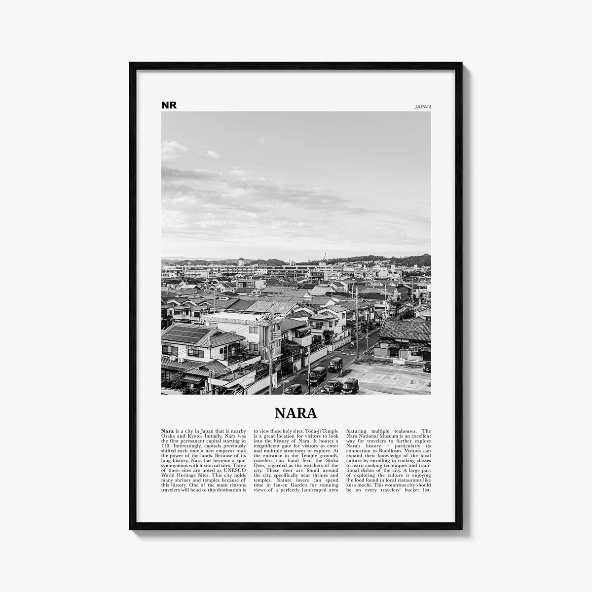Nara black & white newspaper poster of Mali – vertical wall art, unframed print shown in interior mockup