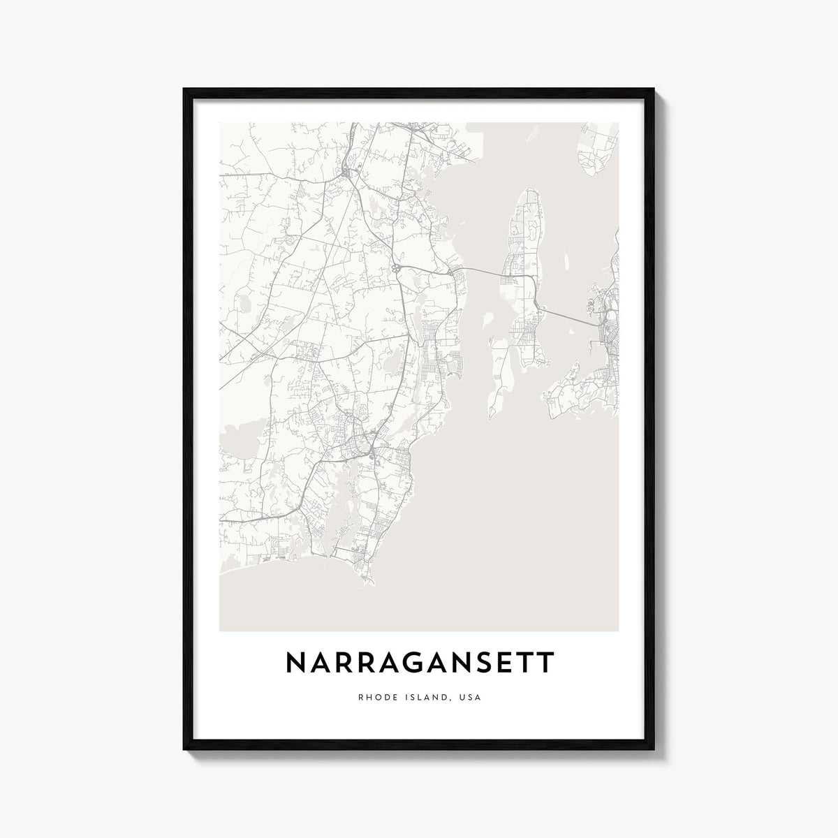 Narragansett black & white map poster of Rhode Island, USA – vertical wall art, unframed print shown in interior mockup