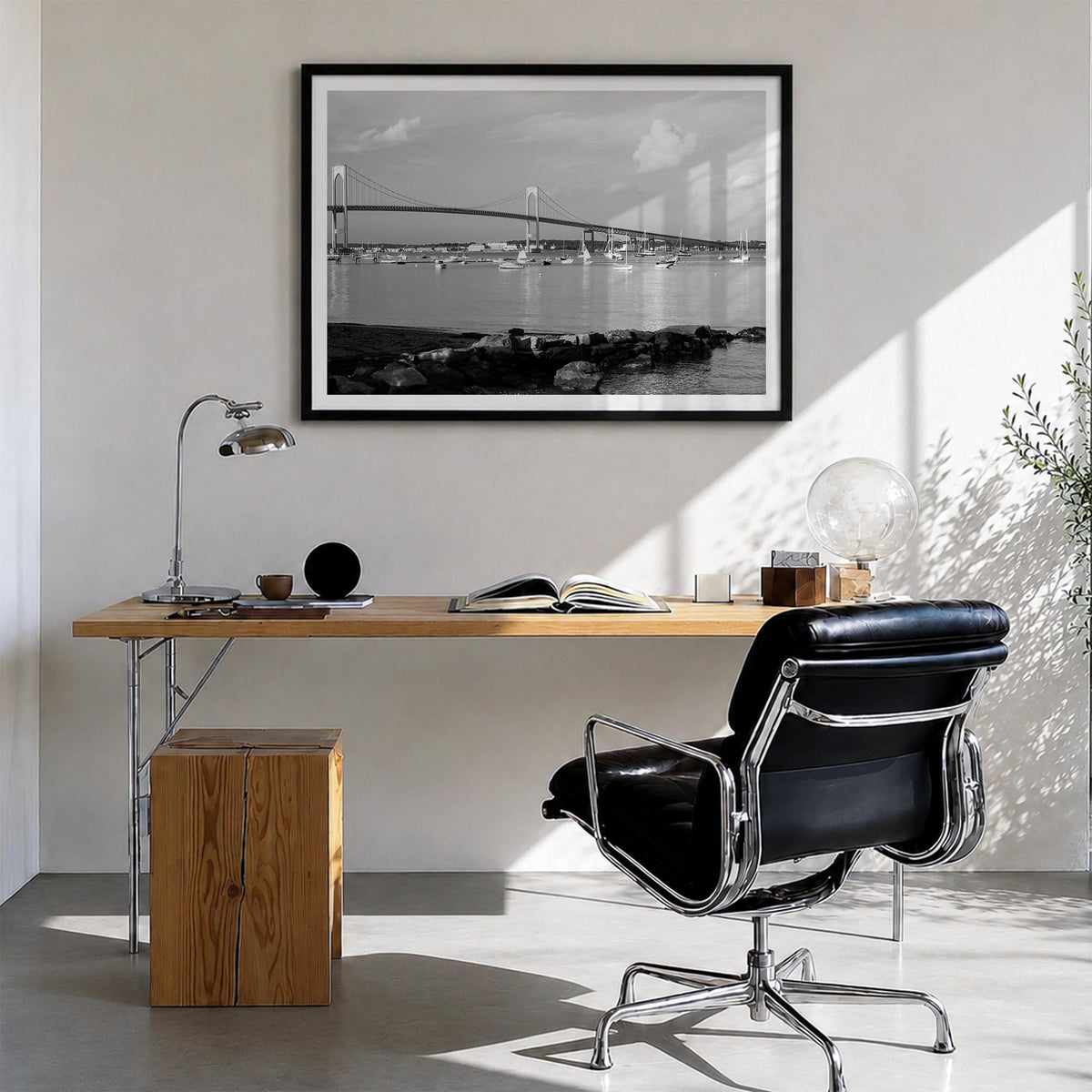 Narragansett black & white photo poster of Rhode Island, USA – horizontal wall art in black wood frame with white border, han