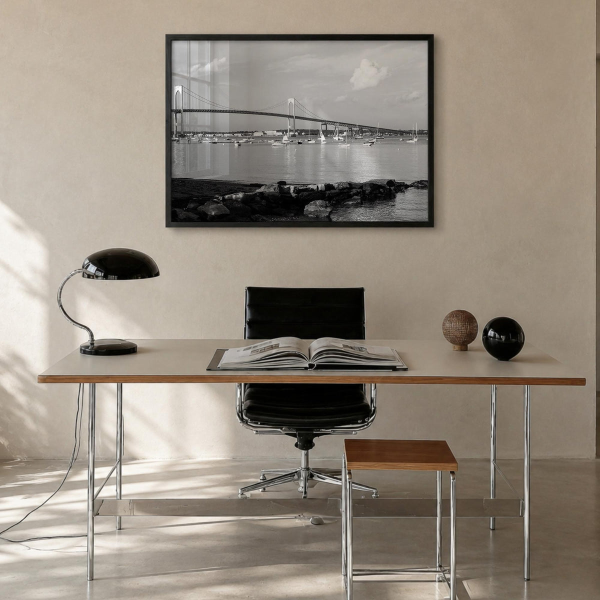 Narragansett black & white photo poster of Rhode Island, USA – horizontal wall art in black wood frame, hanging on wall