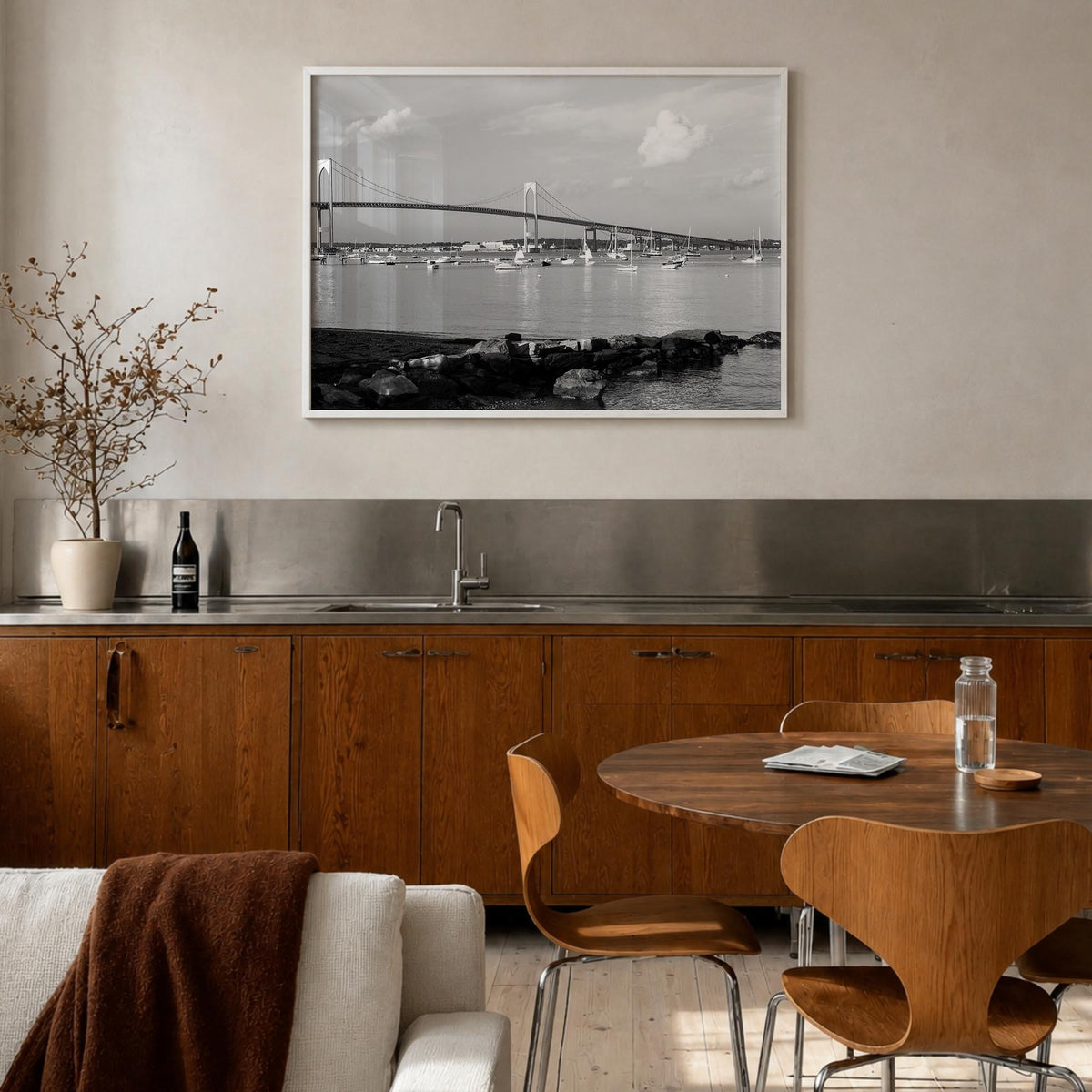 Narragansett black & white photo poster of Rhode Island, USA – horizontal wall art in white wood frame, hanging on wall