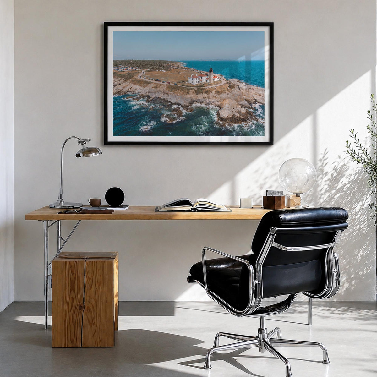 Narragansett colorful photo poster of Rhode Island, USA – horizontal wall art in black wood frame with white border, hanging