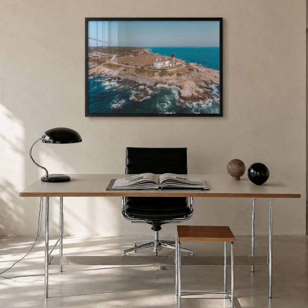 Narragansett colorful photo poster of Rhode Island, USA – horizontal wall art in black wood frame, hanging on wall