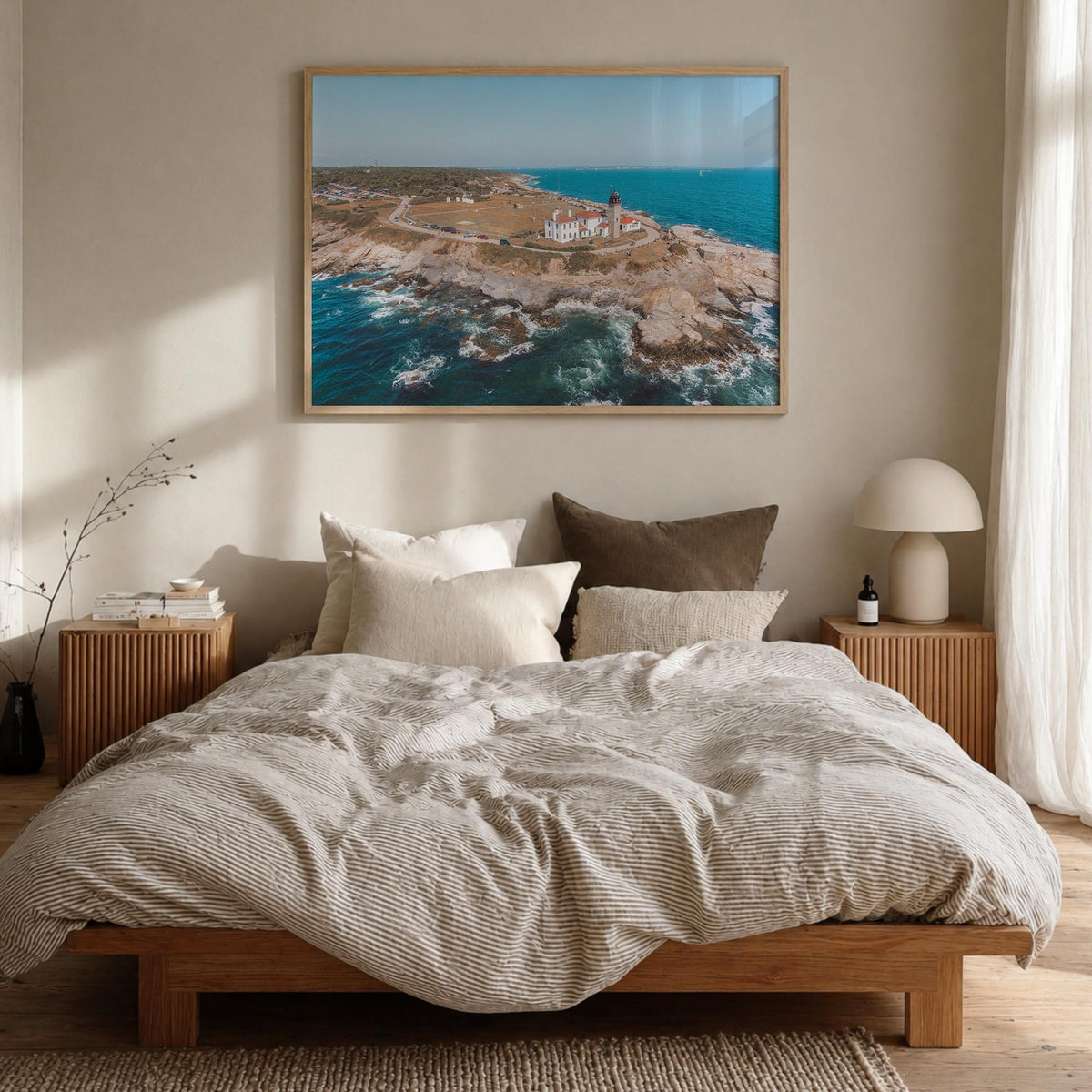 Narragansett colorful photo poster of Rhode Island, USA – horizontal wall art in natural wood frame, hanging on wall