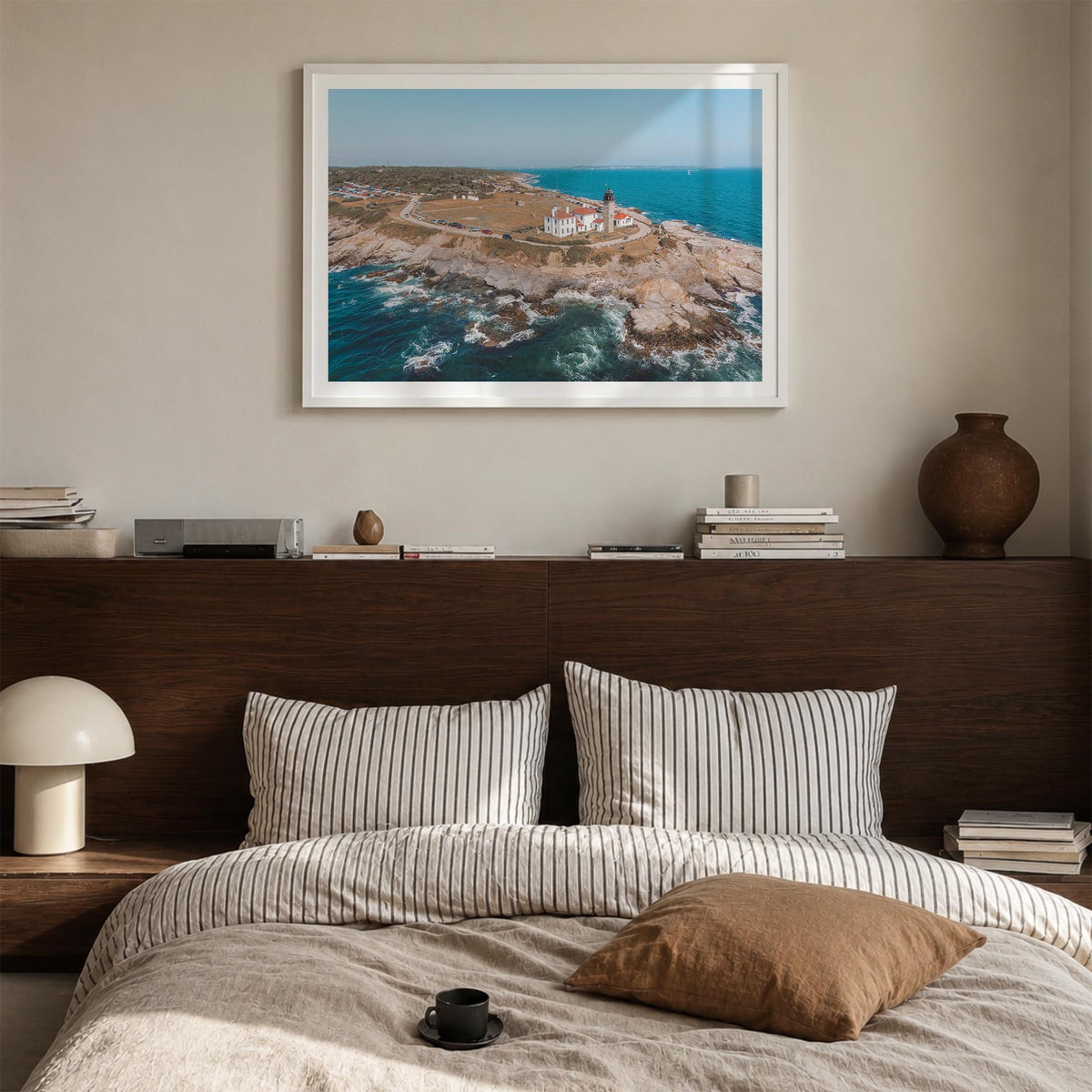 Narragansett colorful photo poster of Rhode Island, USA – horizontal wall art in white wood frame with white border, hanging